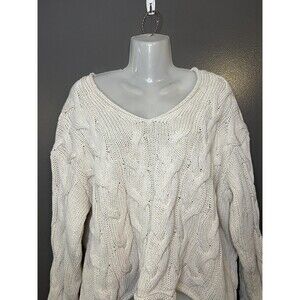 Zara Sweater Womens Small White Cable Knit V Neck Oversized Chunky Pullover